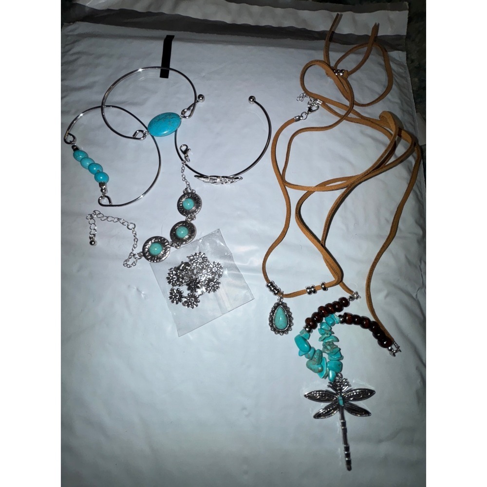 Turquoise Jewelry Lot Boho Necklace Bracelet Set Silver plated Dragonflt Charm